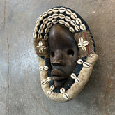 African Mask, Ivory Coast Wood, Linen, Shells, Primitive